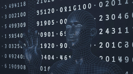 Artificial intelligence data analysis with wireframe human figure and numbers