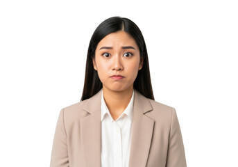 Worried asian businesswoman portrait with concerned expression, professional attire, png image for design projects isolated on transparent background