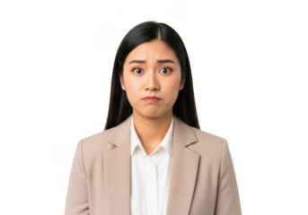 Worried asian businesswoman portrait with concerned expression, professional attire, png image for design projects isolated on transparent background