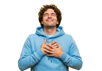 Content man with curly hair wearing a hoodie holding hands over heart expression of gratitude isolated on transparent background