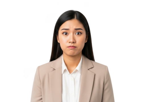 Worried asian businesswoman portrait with concerned expression, professional attire, png image for design projects isolated on transparent background