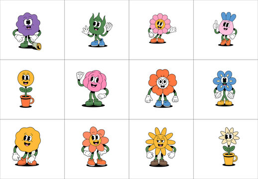 Funny Blooming Flowers Mascot Vector Set