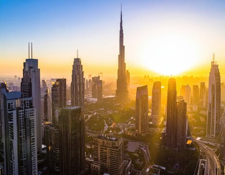 Dubai Skyline at Sunset Burj Khalifa and Cityscape