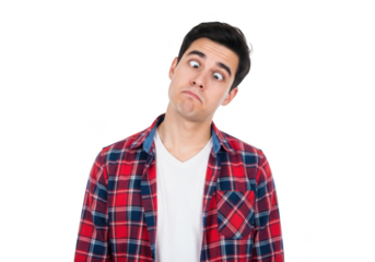 Funny man cross eyed wearing plaid shirt with silly expression stock photo portrait isolated on transparent background