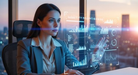 Elegant businesswoman analyzing data on futuristic holographic interface screen