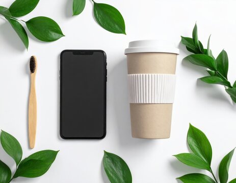 Eco-Friendly Lifestyle Phone, Coffee Cup, Bamboo Toothbrush, Greenery