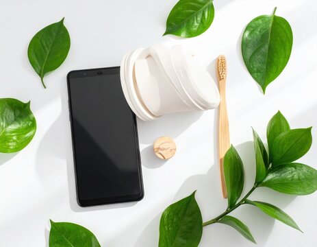 Eco-Friendly Lifestyle Zero Waste Phone, Bamboo Toothbrush, Green Leaves