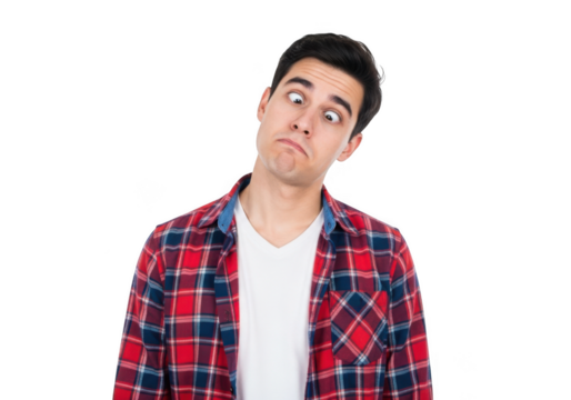Funny man cross eyed wearing plaid shirt with silly expression stock photo portrait isolated on transparent background