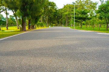 Asphalt walking and running road into green tree city park © themorningglory