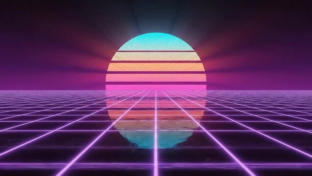 Neon Synthwave Sunset over Retro Grid