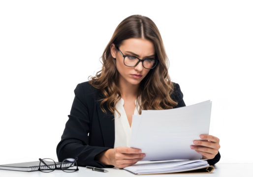 Professional businesswoman reviewing documents at desk with glasses and pen png image for presentations and designs isolated on transparent background
