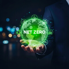 Net Zero Emissions Concept – Sustainable Energy and Carbon Neutral Future, Business Sustainability and Green Innovation for Net Zero Carbon Goal