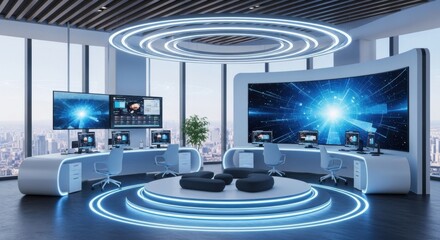 Futuristic control room ready for collaboration and innovation in modern office