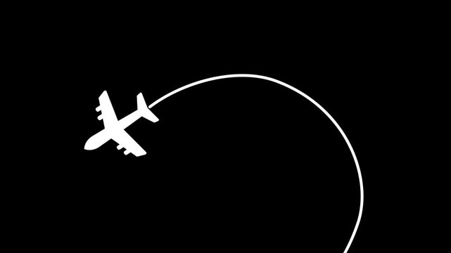 Animation of airplane traveling with a path on transparent background, alpha channel. Full HD. 4K