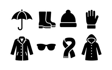 Set of black weather and clothing icons including umbrella, boots, hat, gloves, coat, sunglasses, scarf, and hooded jacket. Flat icon style