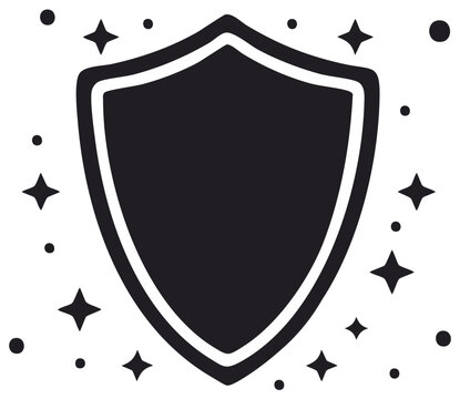 Simple black shield icon with stars and sparkles symbolizing protection security and cleanliness