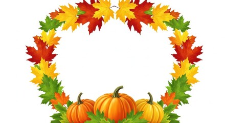 Autumn wreath with pumpkins and colorful maple leaves isolated on white background