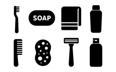Obraz premium Set of black personal hygiene and grooming icons including toothbrush, soap, towel, deodorant, comb, sponge, razor, and shampoo bottle. Flat icon style