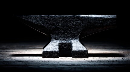 Heavy iron forging tool rests dramatically on a wooden surface under focused lighting