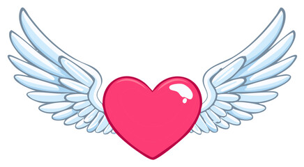 Fototapeta premium Cartoon heart with fluffy white wings flying in the sky with reflections