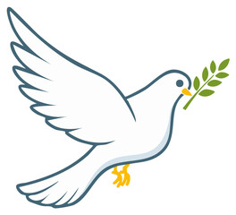 Obraz premium Flying white dove of peace carrying a green olive branch vector illustration icon