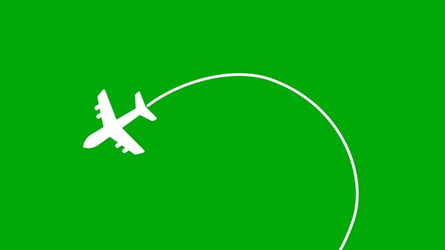 Animation of airplane traveling with a path on green background. Full HD. 4K