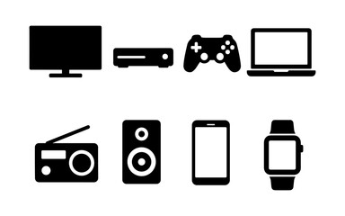 Set of black electronic device icons including TV, console, game controller, laptop, radio, speaker, smartphone, and smartwatch. Flat icon style