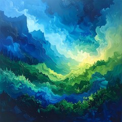 Layered landscape of vibrant blues and greens