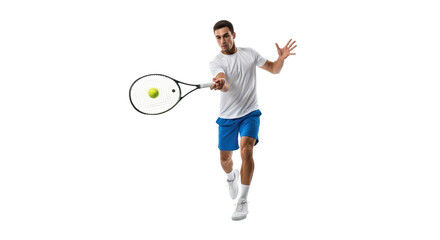 Male tennis player in action, hitting a forehand shot with determination, isolated on a transparent background.