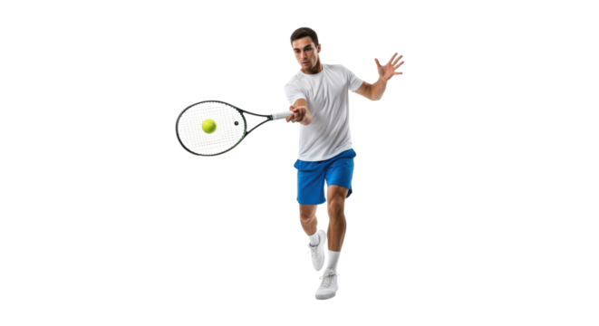 Male tennis player in action, hitting a forehand shot with determination, isolated on a transparent background.