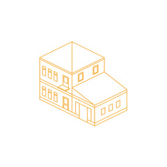 Orange Line Art Isometric View of a Two Story Residential House with Multiple Windows and a Gable Roof on a White Background.