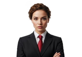 Professional businesswoman portrait confident serious expression in suit and red tie stock photo image isolated on transparent background