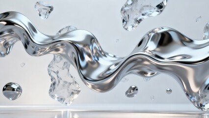 Abstract silver liquid metal wave with reflective surface and floating shapes. Generative AI.