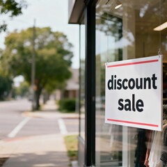 AI-generated image of a store window with a hanging discount sale sign, retail promotion signage outside clothing shop, commercial marketing display in urban street environment.