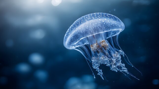 Illuminated aquatic invertebrate floats gracefully in deep blue depths