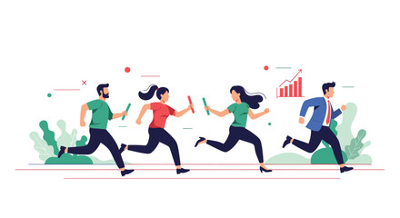 Diverse business team running a relay race, symbolizing teamwork and progress towards a goal.
