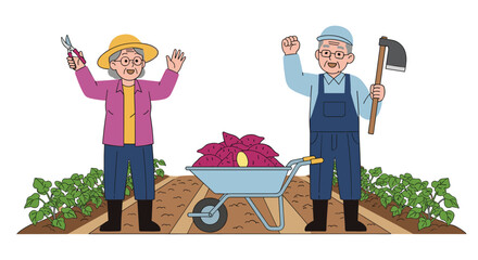Elderly farmers celebrating a successful harvest of sweet potatoes with a wheelbarrow full of produce.