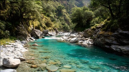 Clear turquoise water flows through a rocky gorge surrounded by lush green forest