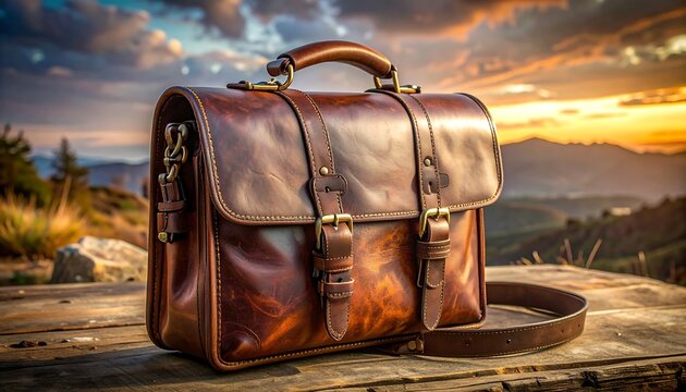 Leather briefcase at sunset