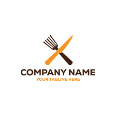 Minimalist vector logo of a crossed fork and knife. An elegant emblem for restaurant, catering, food service, and dining branding identity. Warm brown ,orange colors.