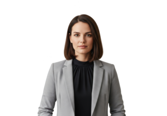 Professional businesswoman portrait in grey blazer stock photo - confident female executive image for corporate use - isolated on transparent background