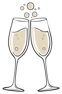 Celebratory illustration of two champagne glasses toasting with sparkling wine bubbles