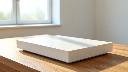 Fototapeta premium Empty white cardboard box on wooden table by window with natural light for product packaging mockup or advertising display with copy space for text in modern minimalistic room