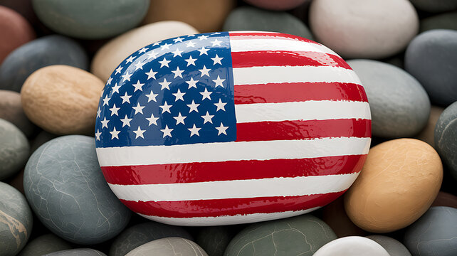Painted American Flag Rock Surrounded by Smooth Stones Keywords: rock, stone, pebble, painted