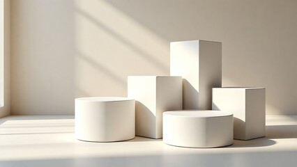 Minimalist white geometric shapes product display mockup for branding advertising campaigns with copyspace for text on modern background