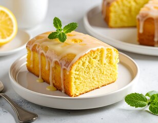 Lemon loaf cake slice, glazed and drizzled