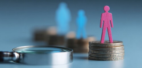 A pink figure stands atop a stack of coins, with a magnifying glass in the foreground, and blurred figures in the .