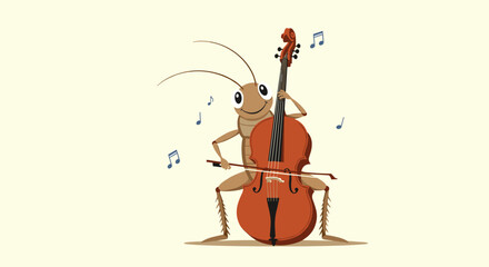 A cartoon grasshopper plays the cello with musical notes floating around it.