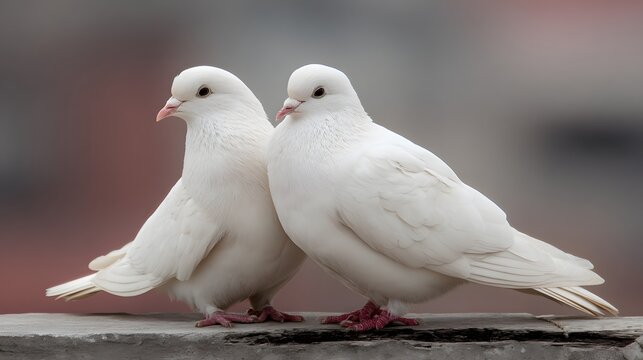 Two beautiful white doves stand close together on a ledge with a soft background