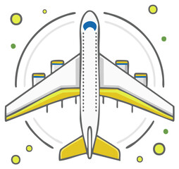 Top view illustration of a white passenger airplane flying through the sky representing travel and global transportation